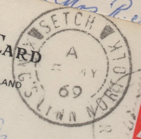 Postmark of Setch Kings Lynn Norfolk double-ring handstamp with bars 1969